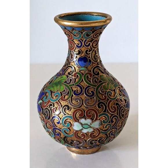 Vintage Enamel Cloisonne Miniature Vase Champleve Technique Floral Bronze 3 In - Picture 2 of 8